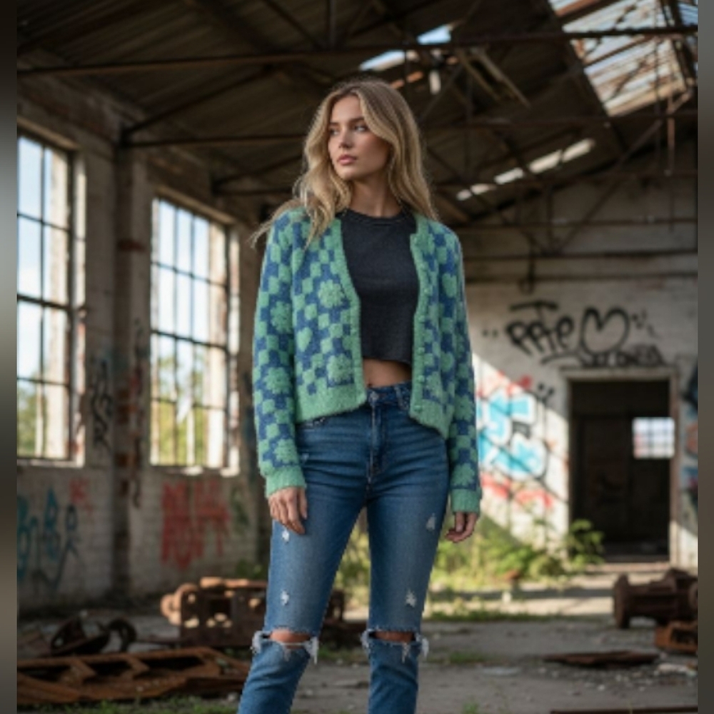 Forever 21 Green and Blue Fuzzy Checkered Cardigan Sz Sm